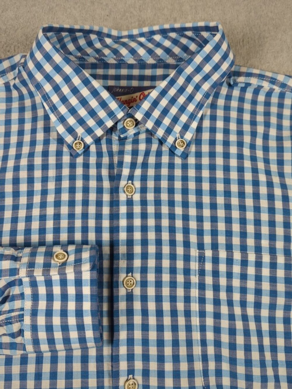 Johnnie O Shirt Mens Large Blue Long Sleeve Plaid Check Hanging Out Button Down